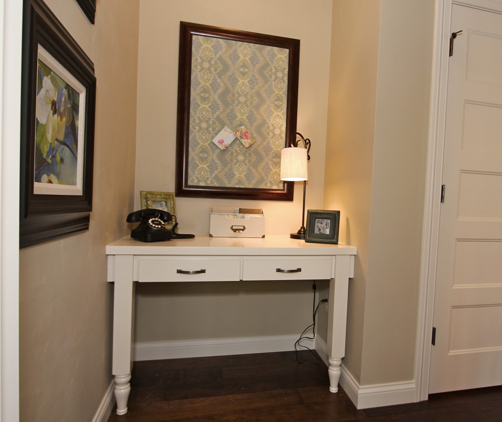 maple built-in desk with message board