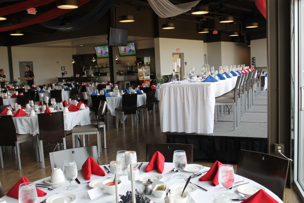 red white and blue wedding set-up