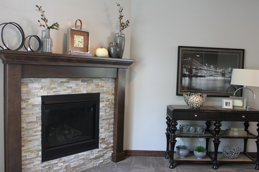 corner fireplace with decored side table