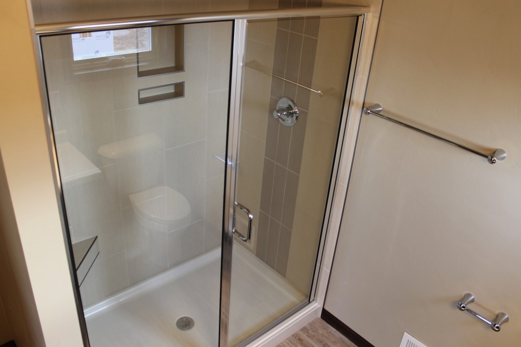 5335 master shower with glass door design with fiberglass pan and tile walls