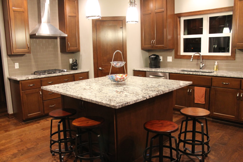 stained cabinets with square island Miller