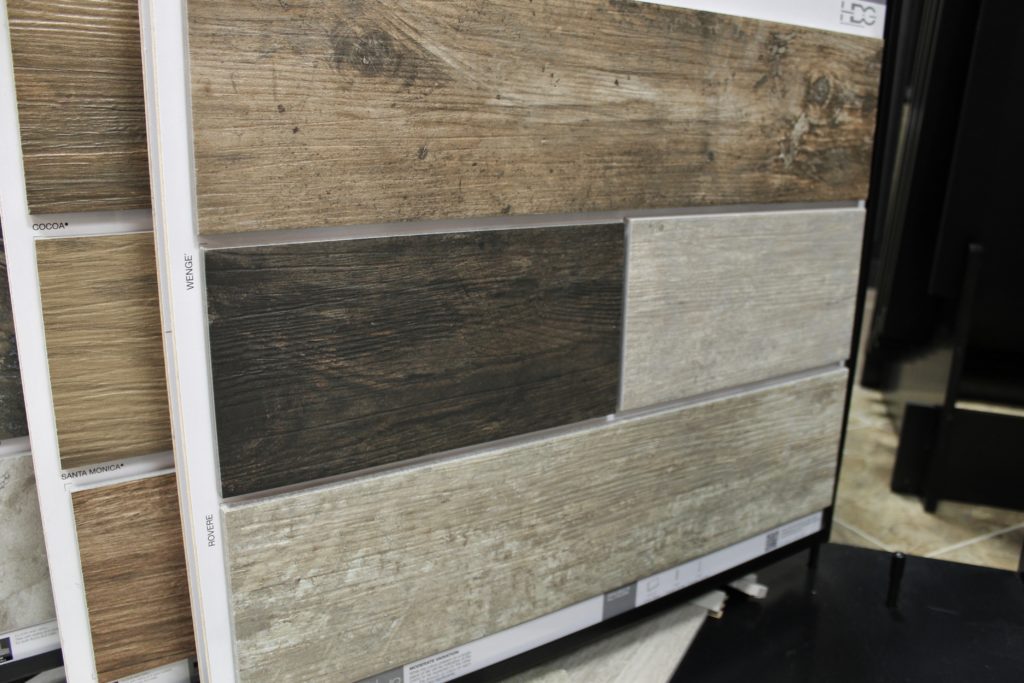 wood look tile in black, white and gray